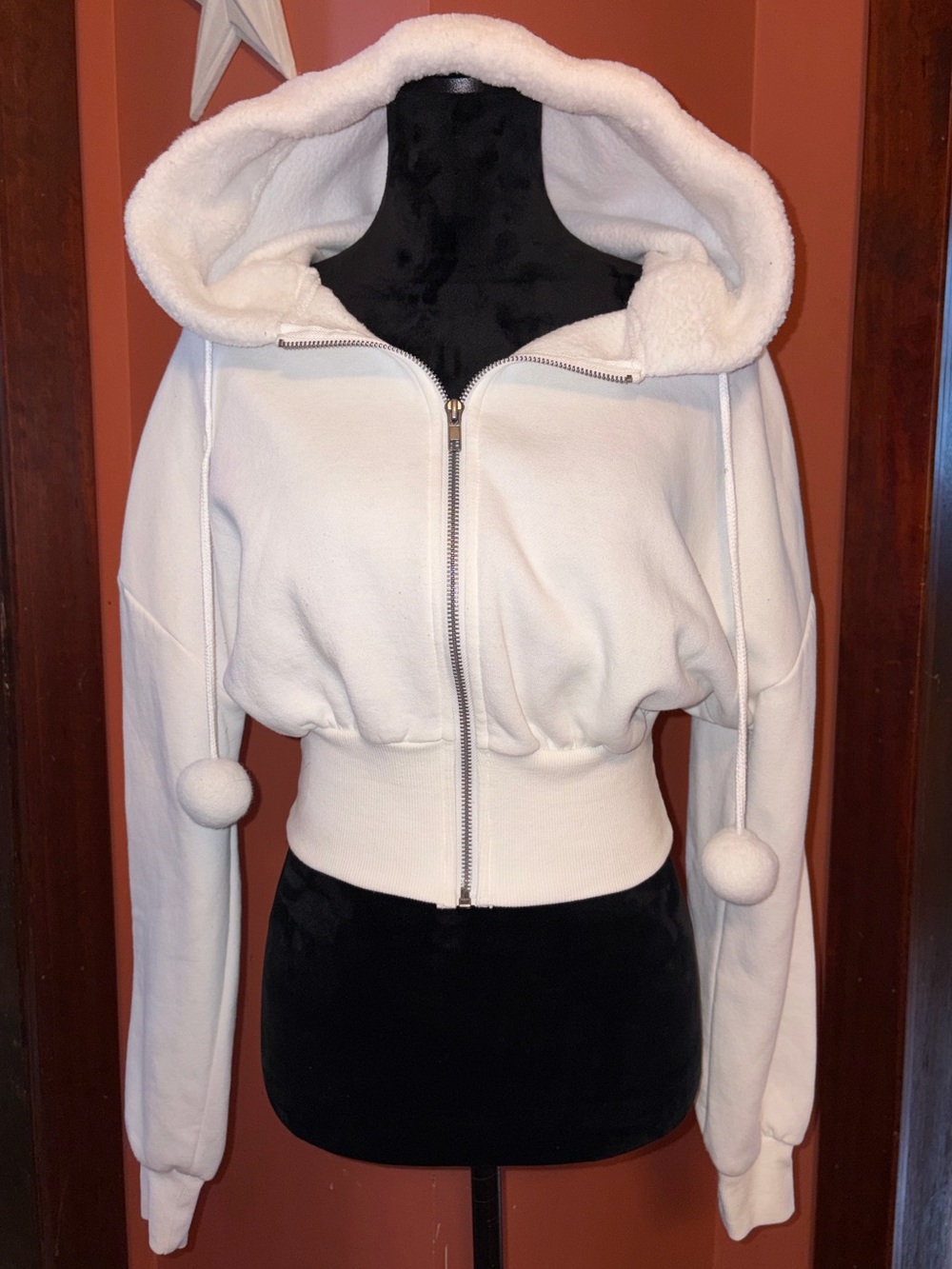 Women's White Hooded Zip Jacket with Pom Drawstrings